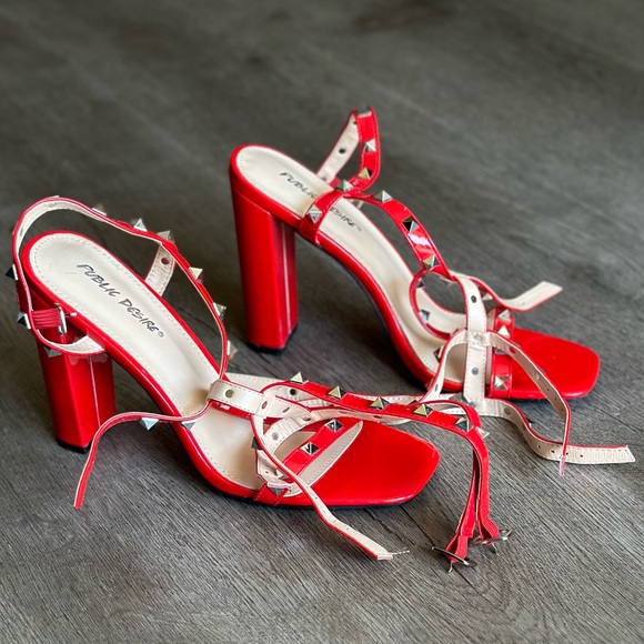 Public Desire Finally Red Patent Studded Block heels, women’s size 8 - Picture 9 of 13